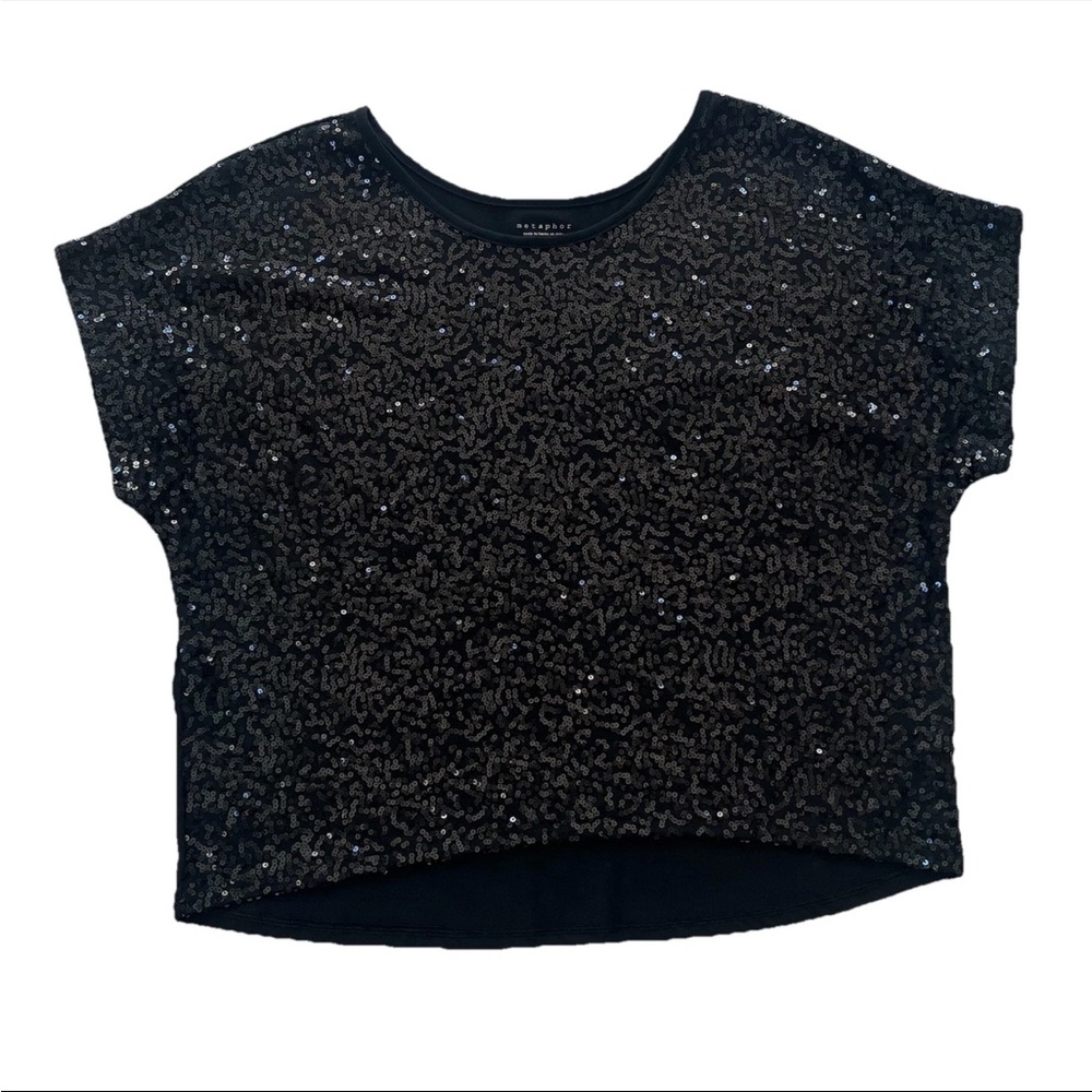 Metaphor Women’s Sequin Blouse Top L Black Festive NYE Holiday Glam Boxy Shirt